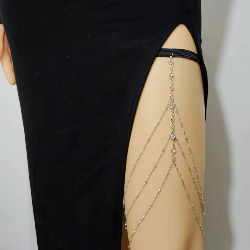 Sexy Multilayer Bead Chain Rhinestone Tassel Adjustable Elastic Thigh Chain