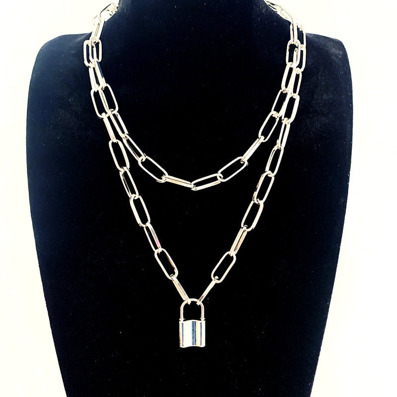 Punk Double Layer Lock Chain Necklace Padlock Pendant for Women