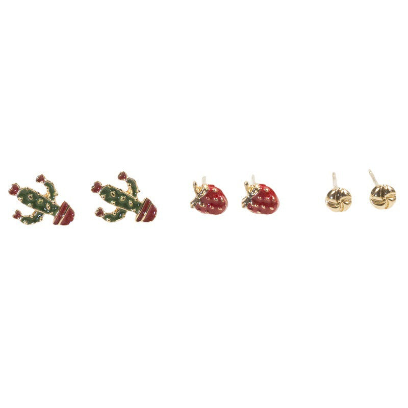 Cactus strawberry stud earrings set