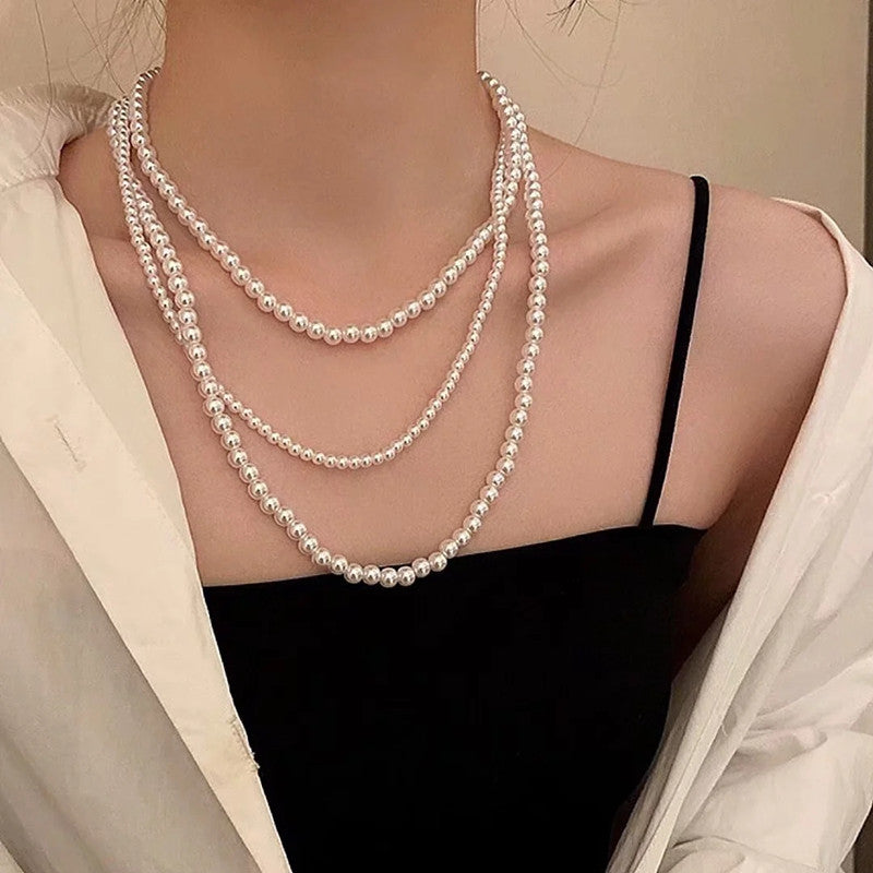 Women Multi Strand Classic Faux Pearl Necklace