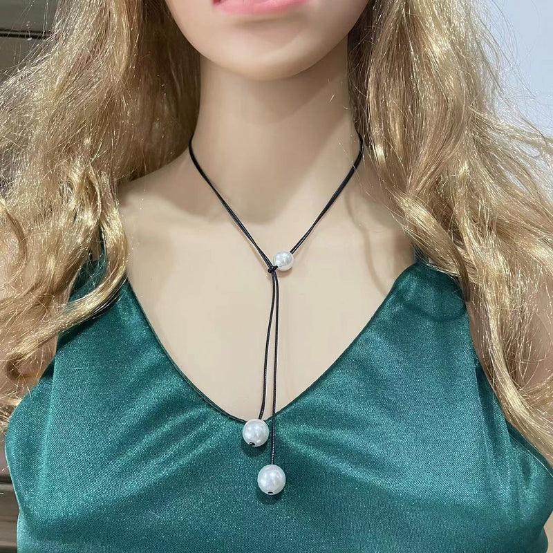 Black Wax Rope Faux Pearl Pendant Necklace