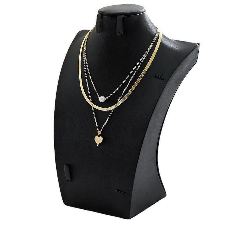 Layered Chain Pearl Heart Pendant Necklace