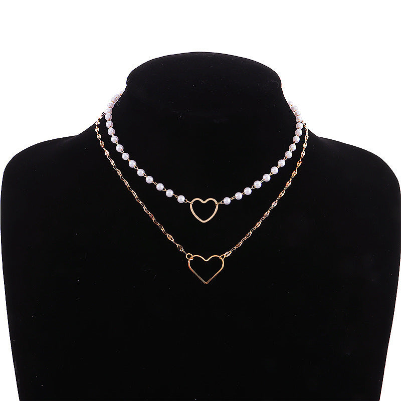 Love Heart Baroque Pearl Necklace Double Layer