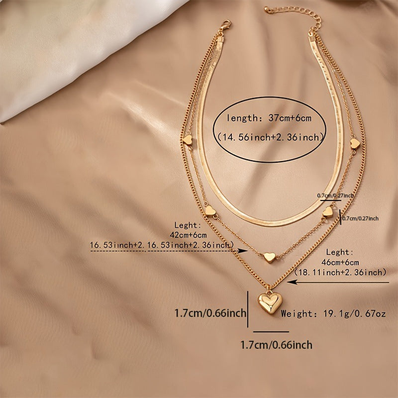 Multi Layered 3pcs Peach Heart Pearl Snake Chain Necklace