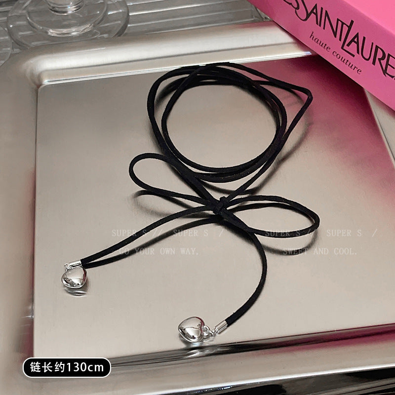 Elegant Long Black Bow Ribbon Heart Necklace