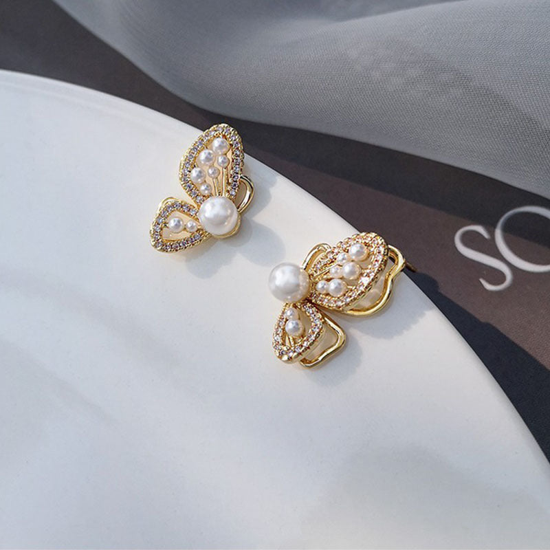 White Butterfly Pearl Stud Earrings for Women