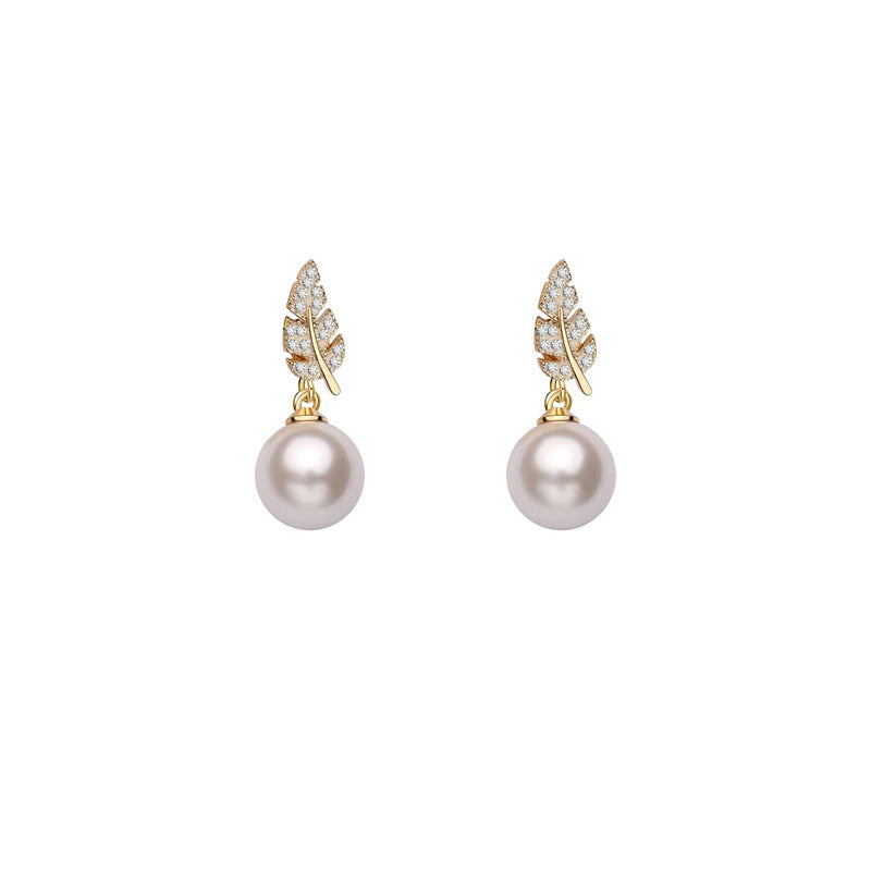 Pearl Rhinestone Leaf Earrings