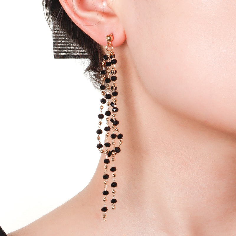Black Glass Bead Tassel Earrings