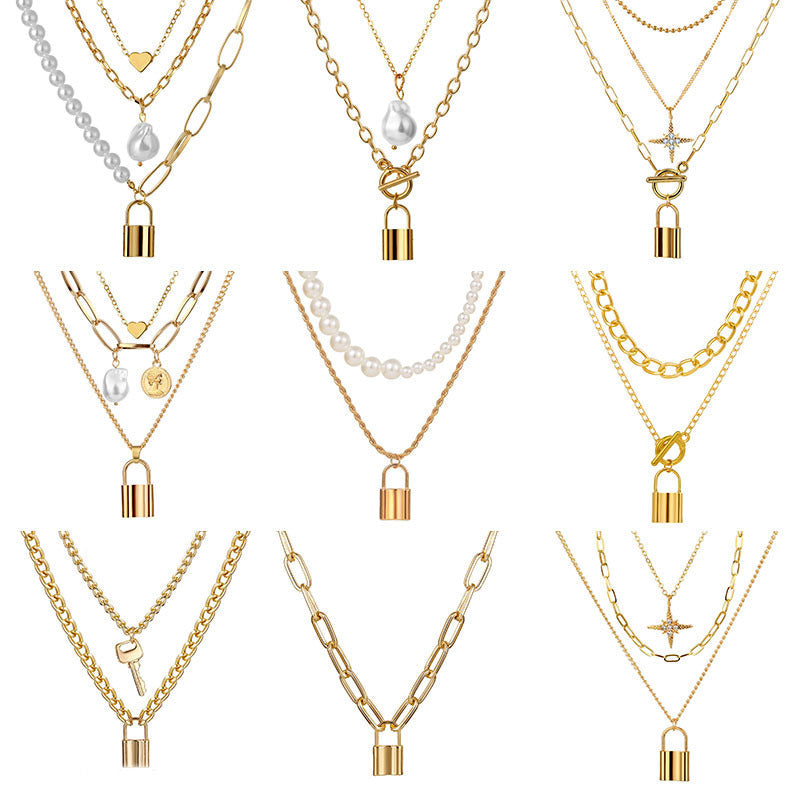 Heart Star Charm Paperclip Chain Choker Necklace Layered Lock Pendant