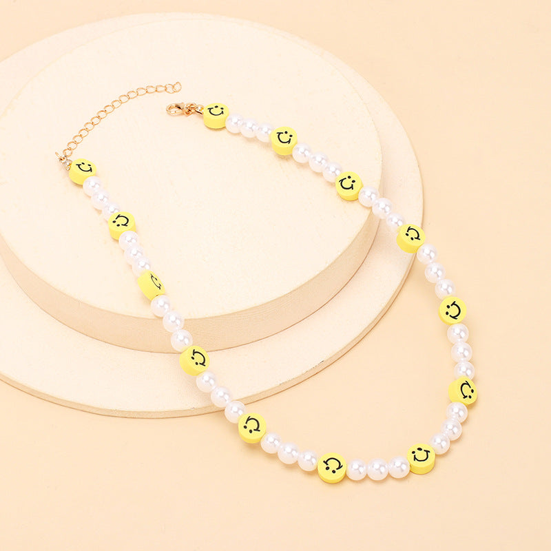 Bohemian Style Smiley Face and White Resin Pearl Necklace
