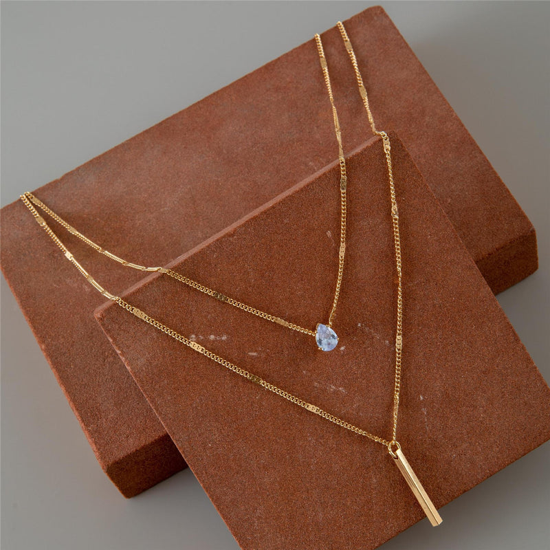 Fashion Double Layered Drop Stone Tassel Pendant Necklace