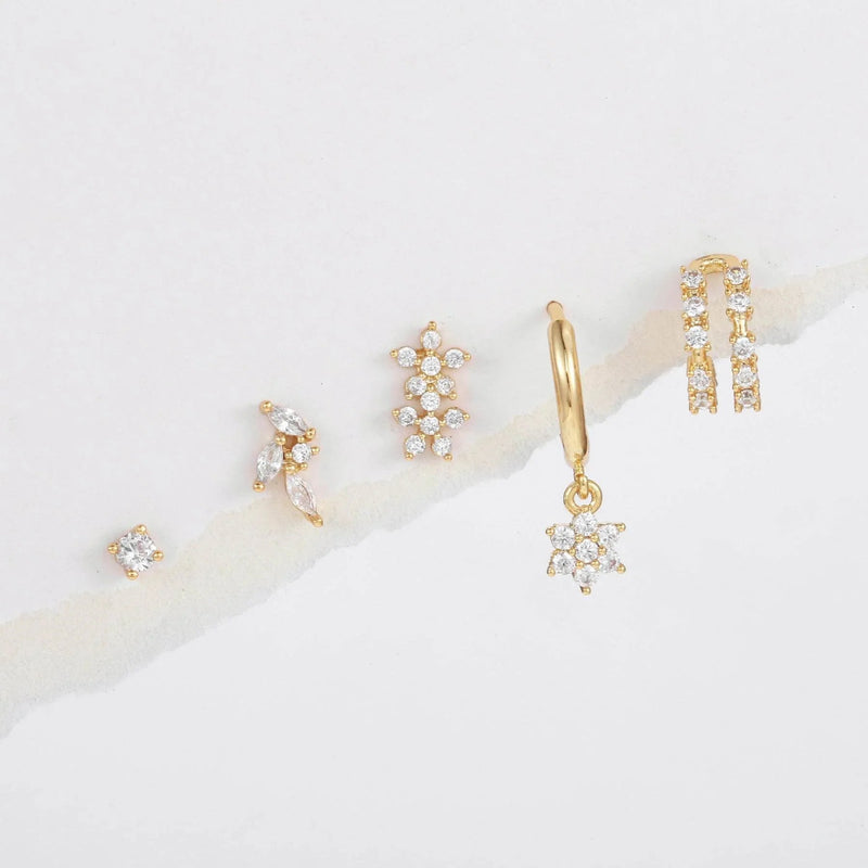 Stacking 5 Pieces Floral & Geometric Zirconia Earring Set, 18k Gold Plated Studs, Drops & Hoops,  S925 Needle, Stacked Lobe Designs with Dazzling Zirconia