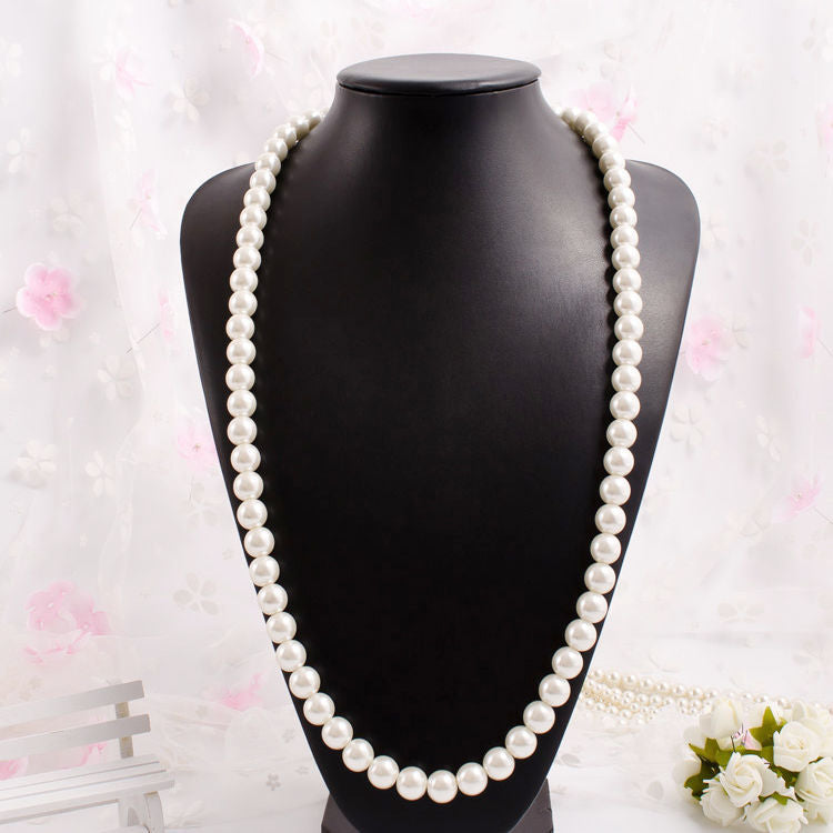 Elegant Women Lady Long White Sweater Created Pearl Necklace