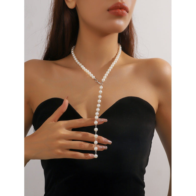 Vintage Round Bead Chain Beaded Necklace Simple Imitation Pearl Tassel