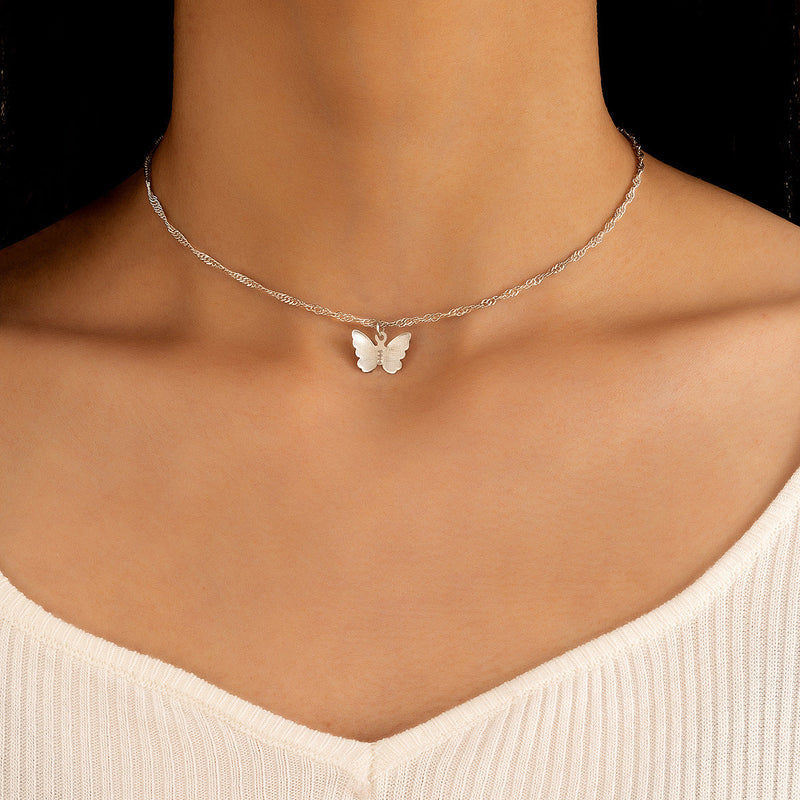 Double Layered Butterfly Pendant Multi Layered Necklace