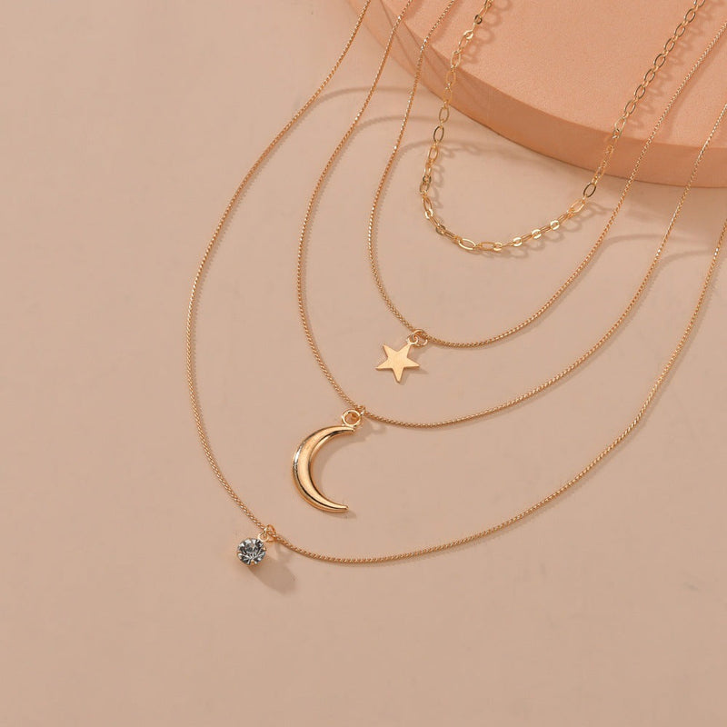 Custom Multi Layer Star Moon Pendant Gold Chain Necklace