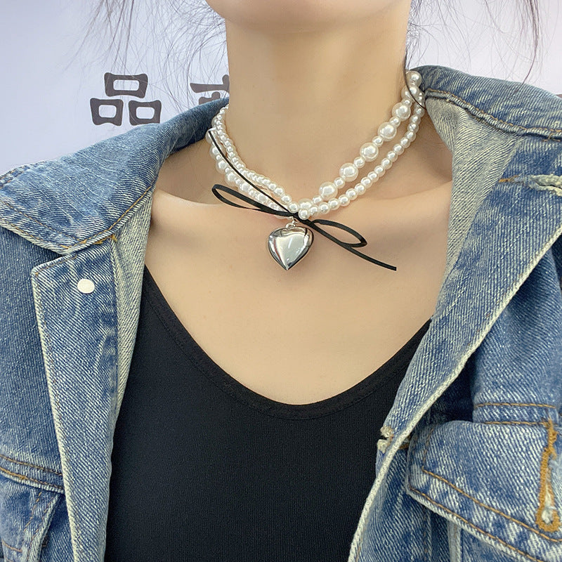 Black Ribbon Bowknot Heart Pendant Necklace