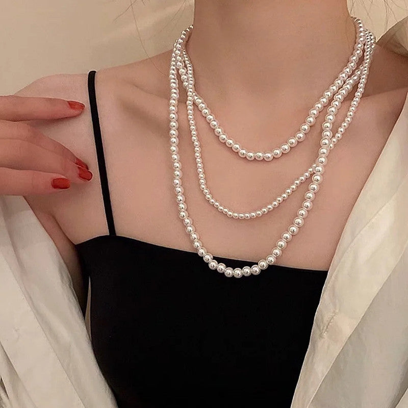 Women Multi Strand Classic Faux Pearl Necklace