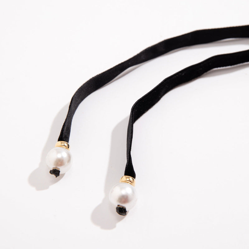 Velvet Pearl Bow Ribbon Choker Simple Long Lace up Choker Necklaces