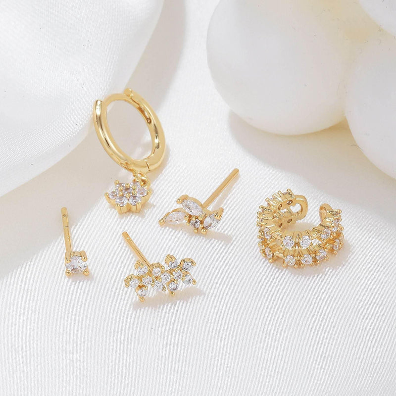 Stacking 5 Pieces Floral & Geometric Zirconia Earring Set, 18k Gold Plated Studs, Drops & Hoops,  S925 Needle, Stacked Lobe Designs with Dazzling Zirconia
