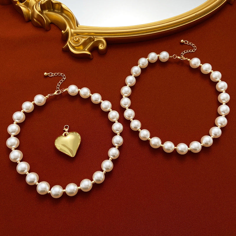 Exaggerated Multi layer Necklace Punk Chain Big Heart Pearl Necklace