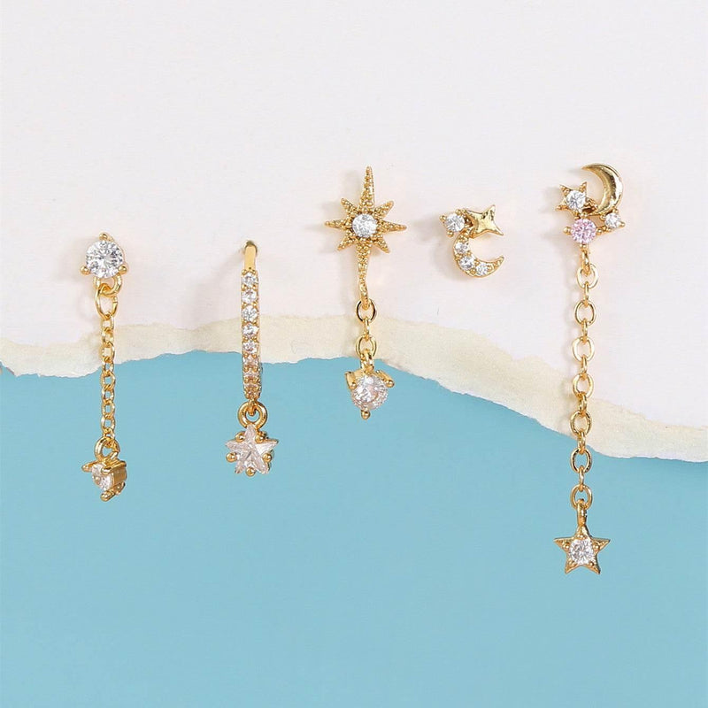 Stacking 5 Pieces Eight-Pointed Star Earrings Set, 18k Gold Plated Ear Studs & Ear Drops, Stacked Lobe Design with Dazzling Zircon Stones