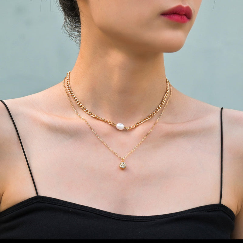 Rhinestone Pearl Round Double Layer Necklace