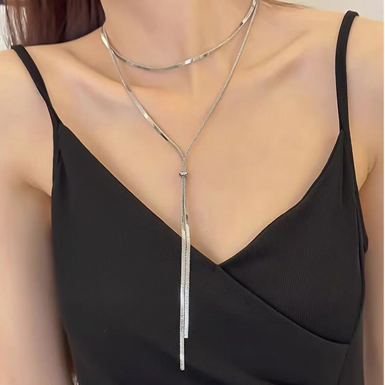 Pull Out Long Snake Chain Necklace Layer Tassel for Women