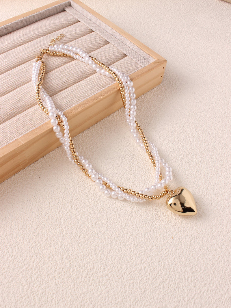 Elegant Vintage Twisted Pearl Beaded Heart Pendant Necklace