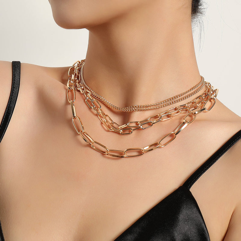 Punk Style Geometric Multi-Layered Mixed Chain Link Necklace