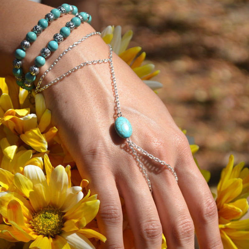 Turquoise Stone Beads Slave Finger Ring Bracelet