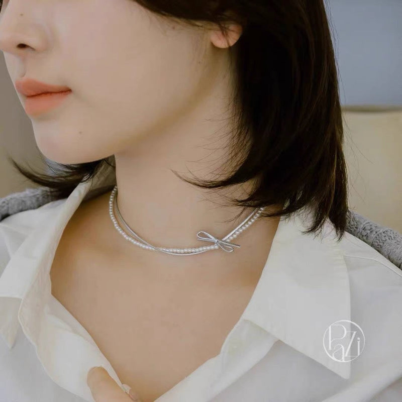 Double-layer Pearl Leather butterfly Collar Necklace