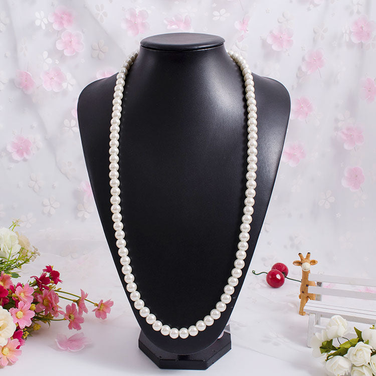 Elegant Women Lady Long White Sweater Created Pearl Necklace