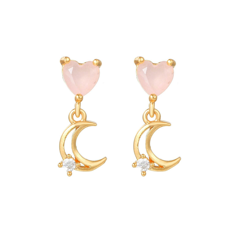 16 Pairs Pink Heart Stud Hoop Huggies Drop Earrings Set, 18K Gold Plated Stacking CZ & Pearl Designs, Planet Snowflake Moon Star | Cubic Zirconia