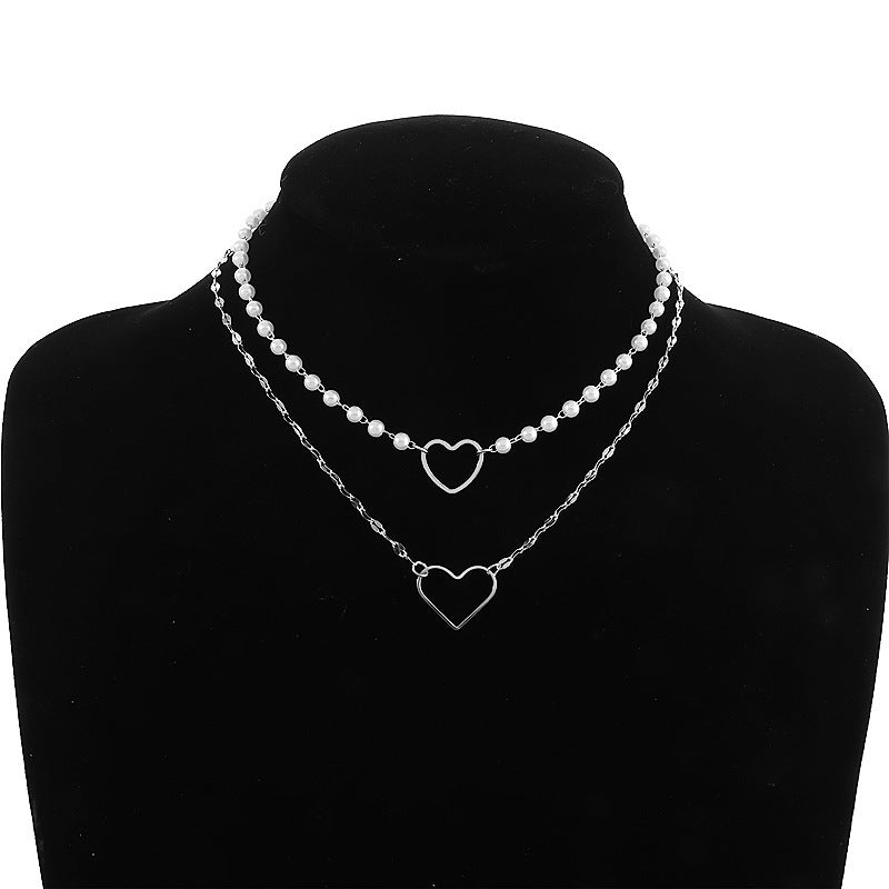Love Heart Baroque Pearl Necklace Double Layer