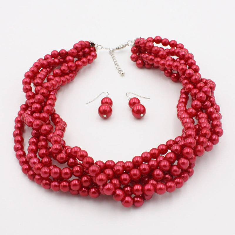 Multilayer Imitation Pearl Earhook Beaded Necklace Short Jewelry Set