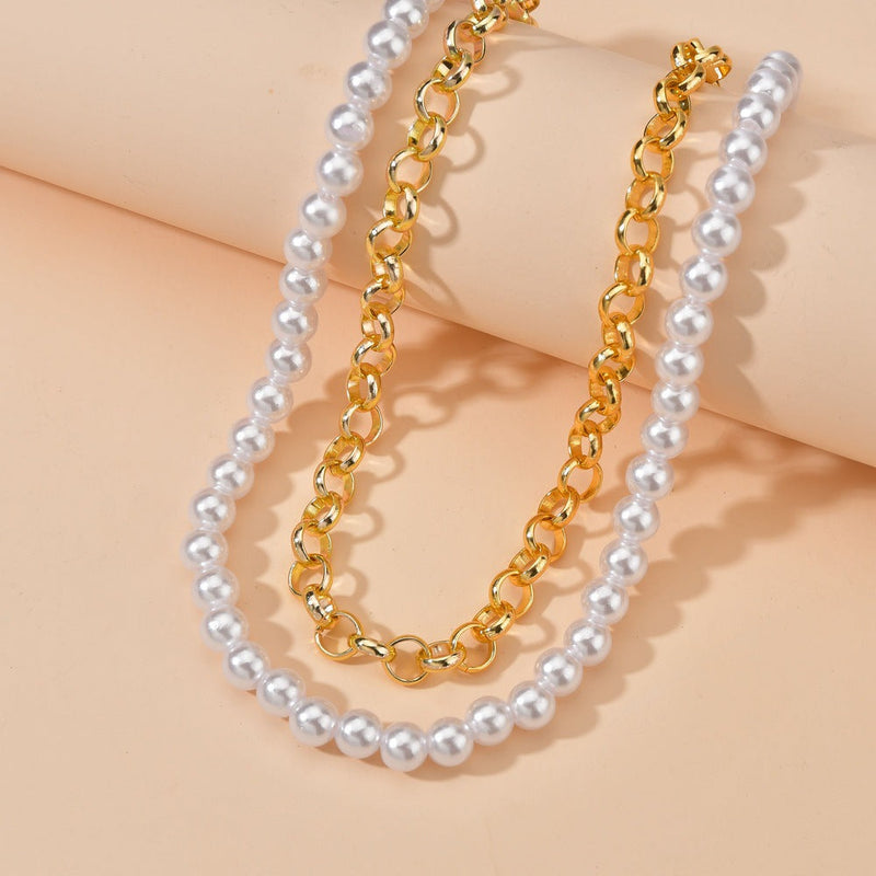 Double Layer Pearl Chain and Cuban Link Necklaces