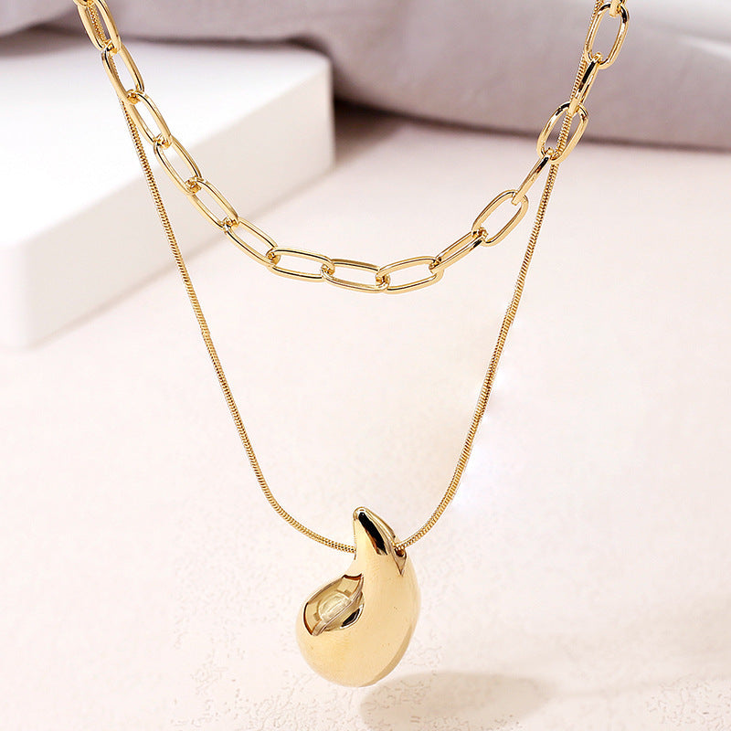 Women Paperclip Long Chain Necklace Teardrop Pendant