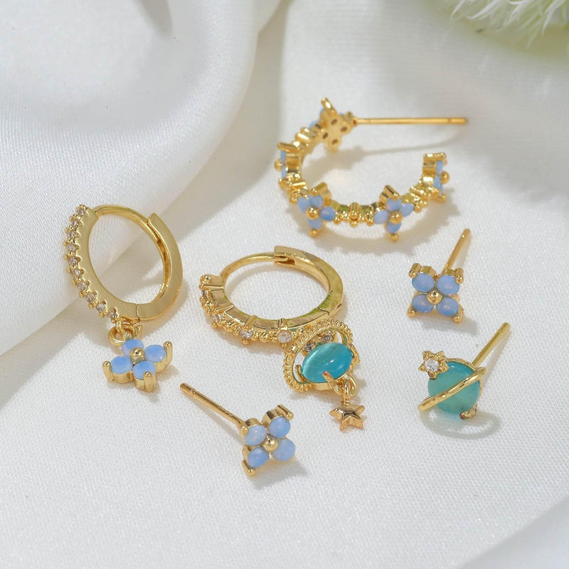 Stacking 6 Pieces Blue Flower Pierced Earring Set with Zircon, 18k Gold Plated Ear Studs and Ear Drops, Women's Fashion Jewelry for Party Daily Stacked Lobe Earrings