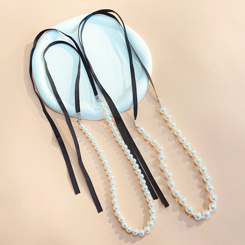 Women Jewelry Long Black Velvet Ribbon Bow Pearl Necklace