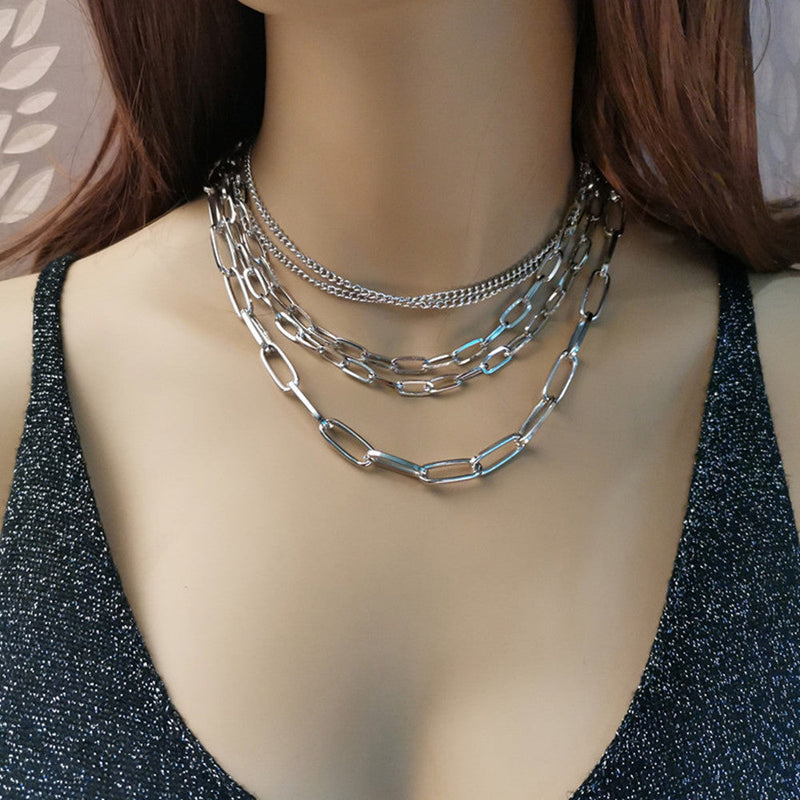 Punk Style Geometric Multi-Layered Mixed Chain & Link Necklace