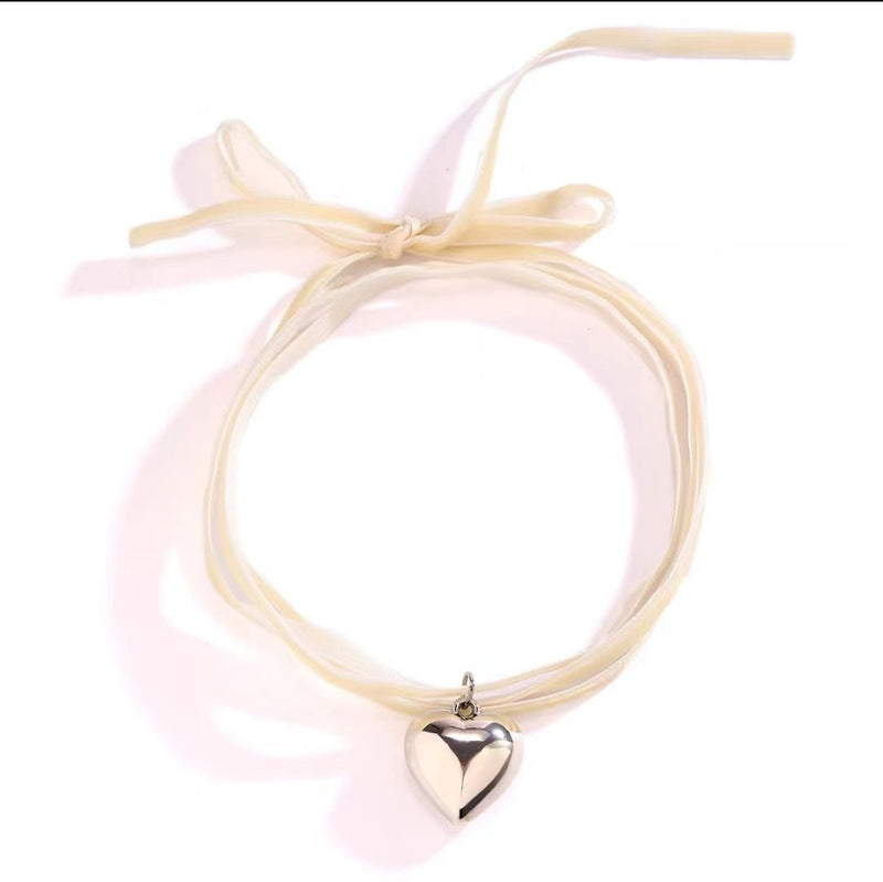 Double Layer Pink Lace Chain Metal Heart Pendant Choker Necklace