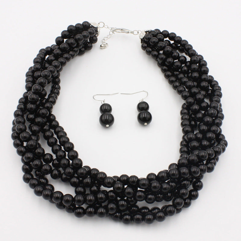 Multilayer Imitation Pearl Earhook Beaded Necklace Short Jewelry Set