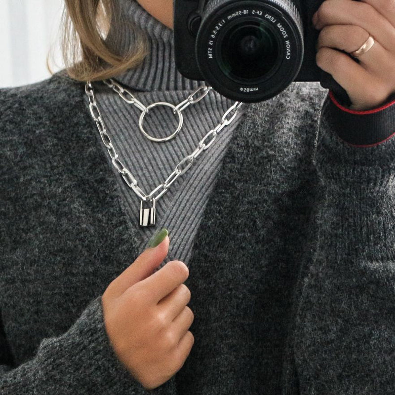 Punk Double Layer Lock Chain Necklace Padlock
