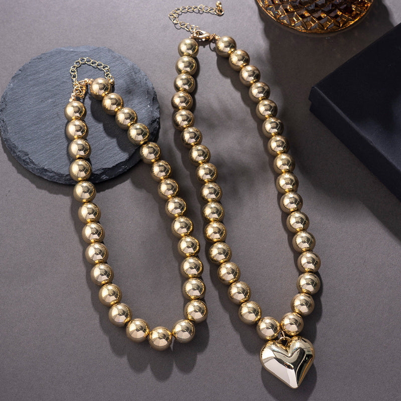 Multi-layer Round Beaded Necklace CCB love Pendent