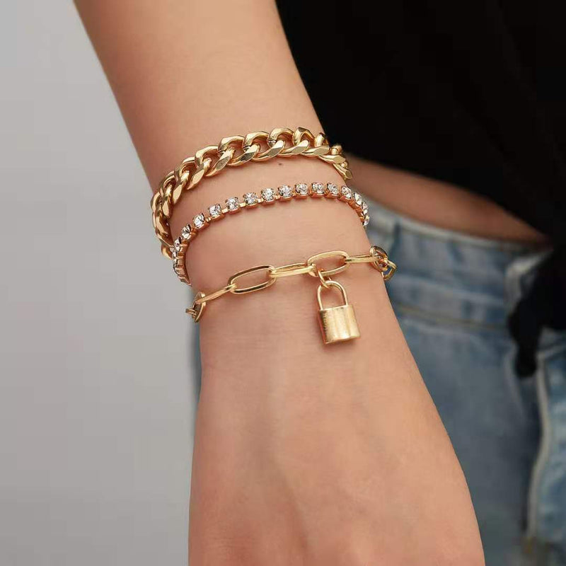 Layered Cuban Chain Bracelet Set Lock Charm