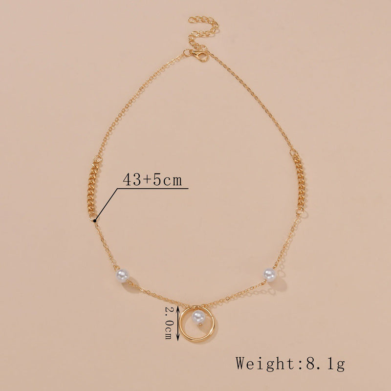 Chain Circle Pearl Charm Necklace
