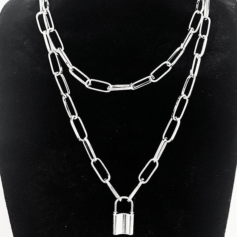 Punk Double Layer Lock Chain Necklace Padlock Pendant for Women