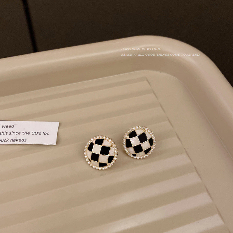 Black White Enamel Checkerboard Stud Earrings