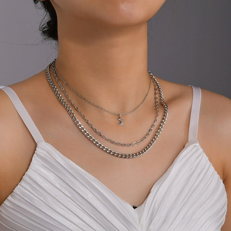 Multi-layered Chain Necklace Crescent Charm